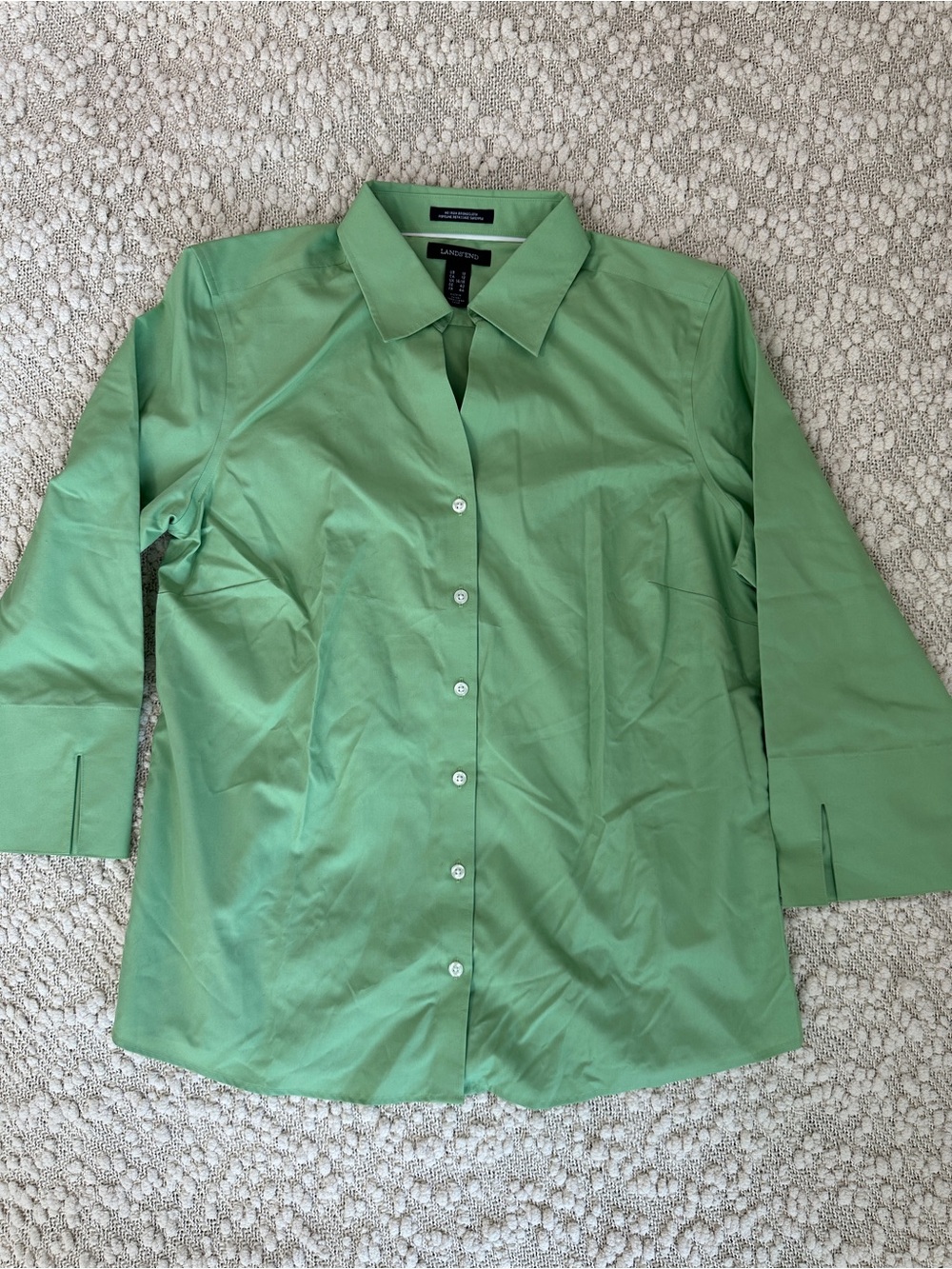 Lands End Size 12 Green No Iron Broadcloth 3/4 Sleeve Button Down Shirt NWOT